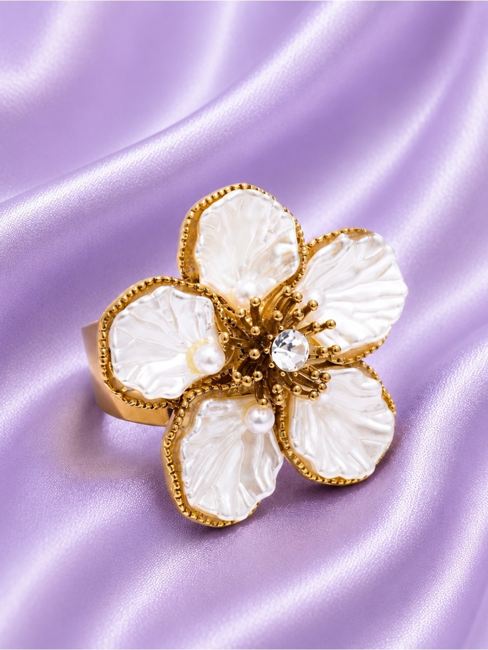 Gold Flower Ring with White Petal Inlaysbj